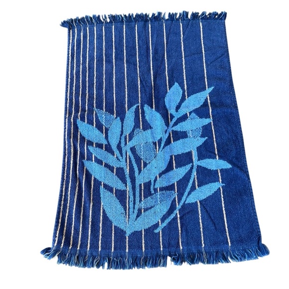 VTG Cannon Monticello Striped Leaf 2-Piece Bath Towel Set Blue MCM Retro USA GUC - Picture 3 of 10